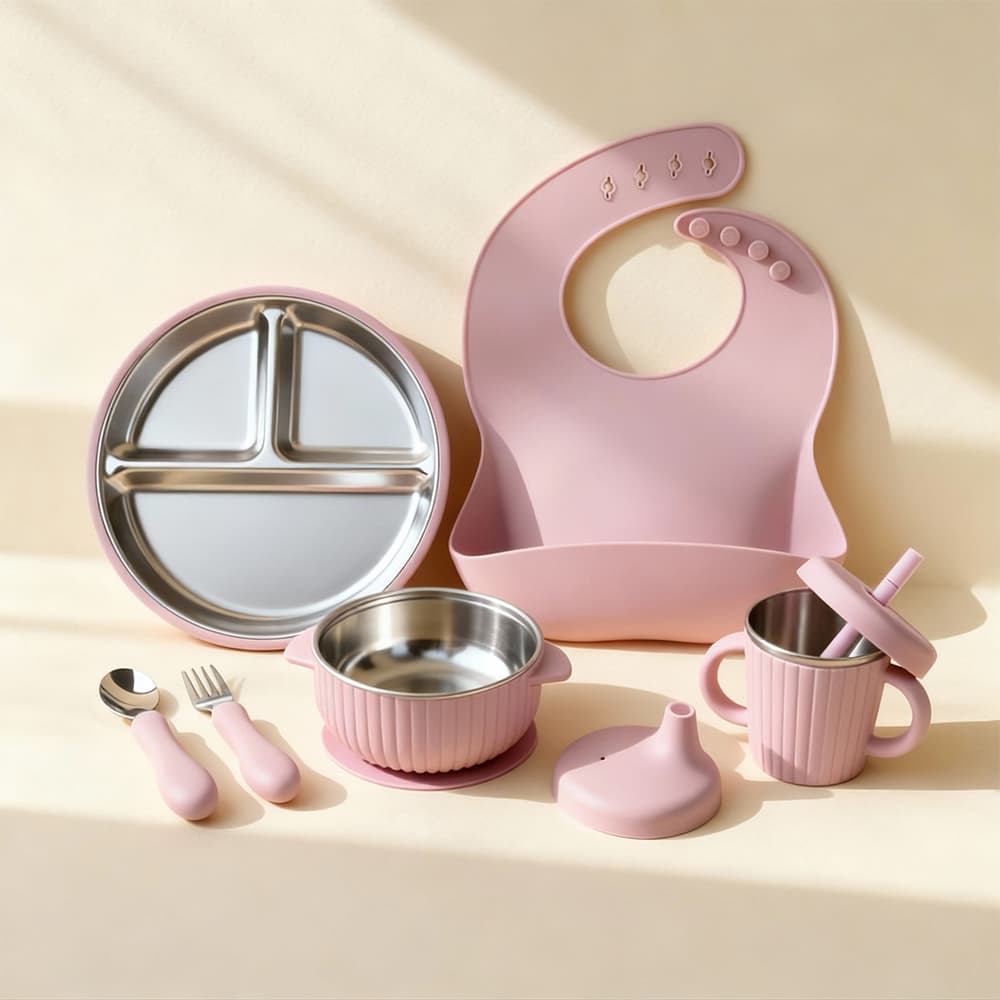 Private-label silicone baby feeding set with bib, stainless steel plate, bowl, cup and utensils