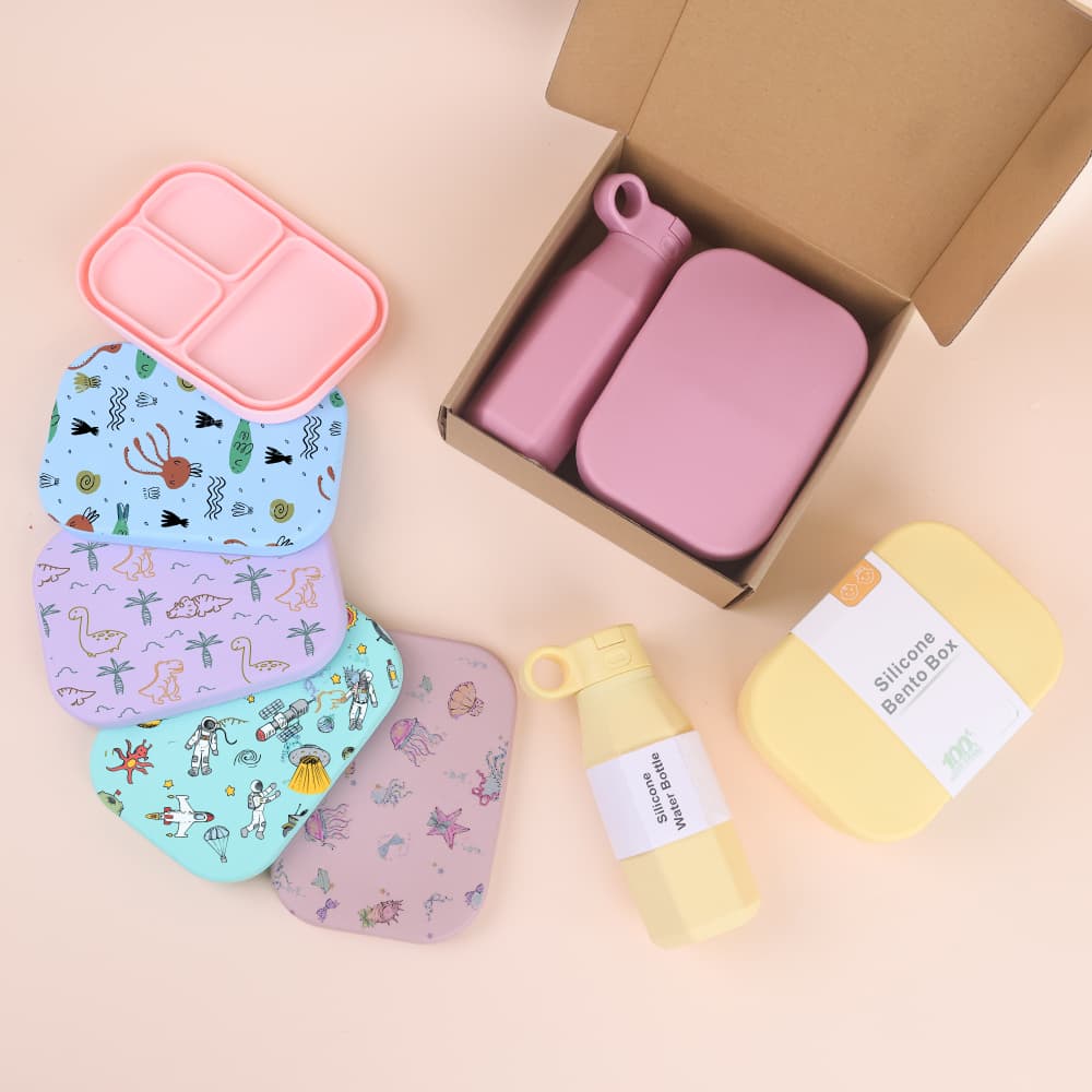 Custom silicone bento box lunch set with water bottle and printed lids