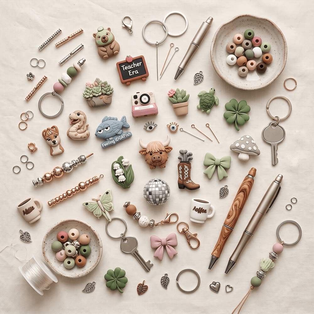 Silicone beads, charms and accessories for custom keychains and craft products