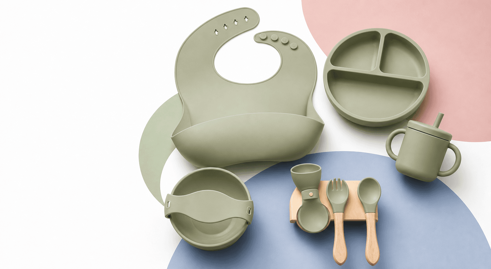 Sage silicone baby feeding set including bib, plate, bowl, cup and utensils