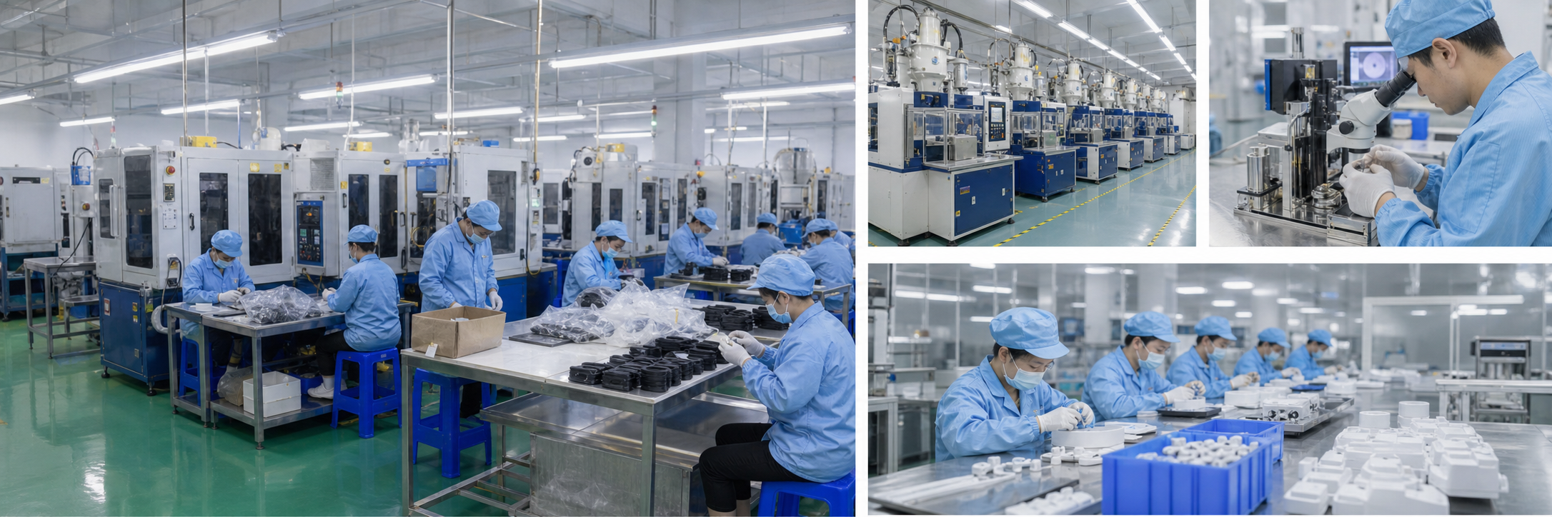 Silicone manufacturing workshop with workers, injection molding equipment and quality inspection