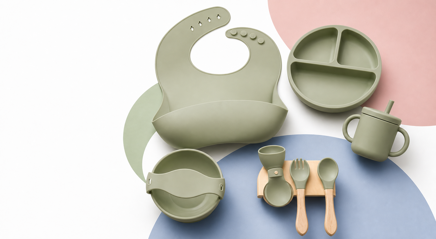 Sage silicone baby feeding set including bib, plate, bowl, cup and utensils